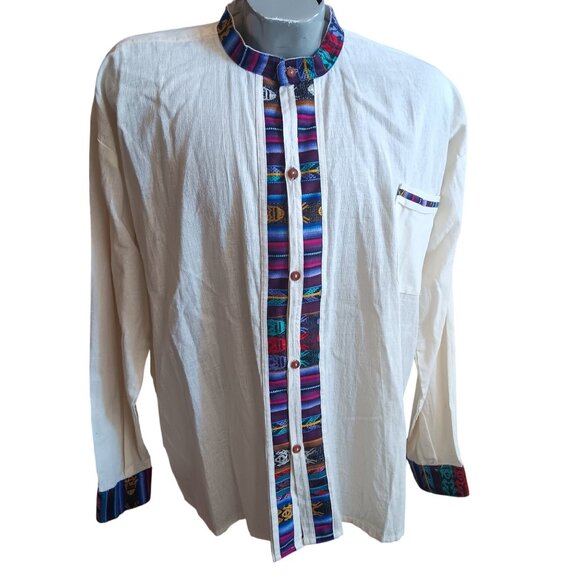 2XL Mens Guatemalan Long-Sleeve White Cotton Shirt Multicolor Striped Accent - Picture 2 of 9